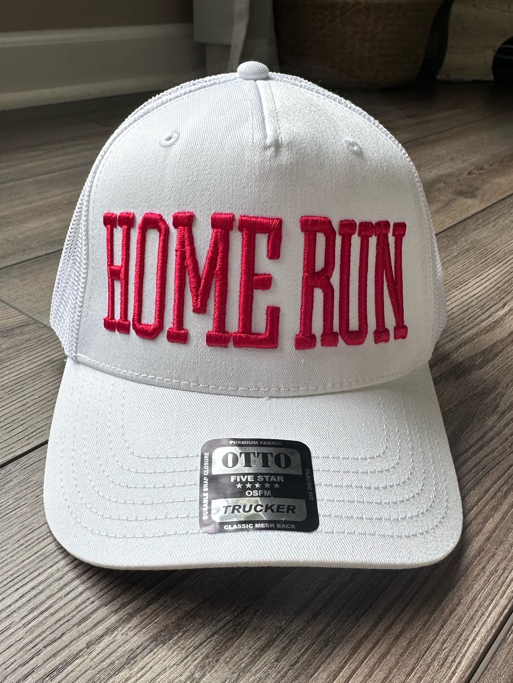 “HOME RUN” OTTO Trucker Hat | White & Red Baseball Graphic Cap, Red & White